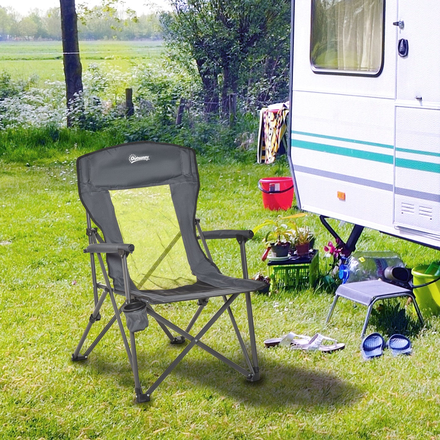 Folding Camp Chair Portable Chair w/ Cup Holder Holds up to 136kg Perfect for Camping, Festivals, Garden, Caravan Trips, Beach and BBQs-1